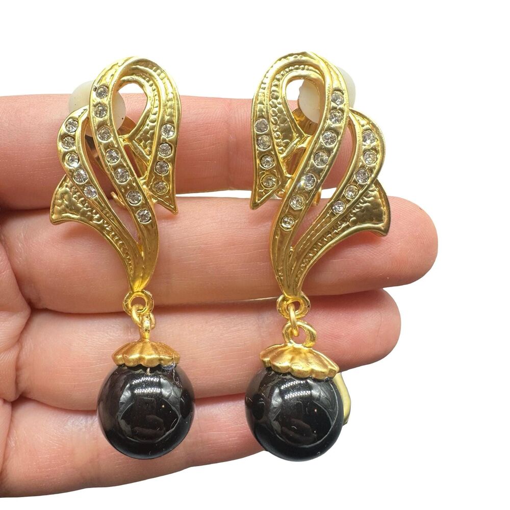 Vintage Gold Tone Rhinestone Clip on Earrings with black dangling charm